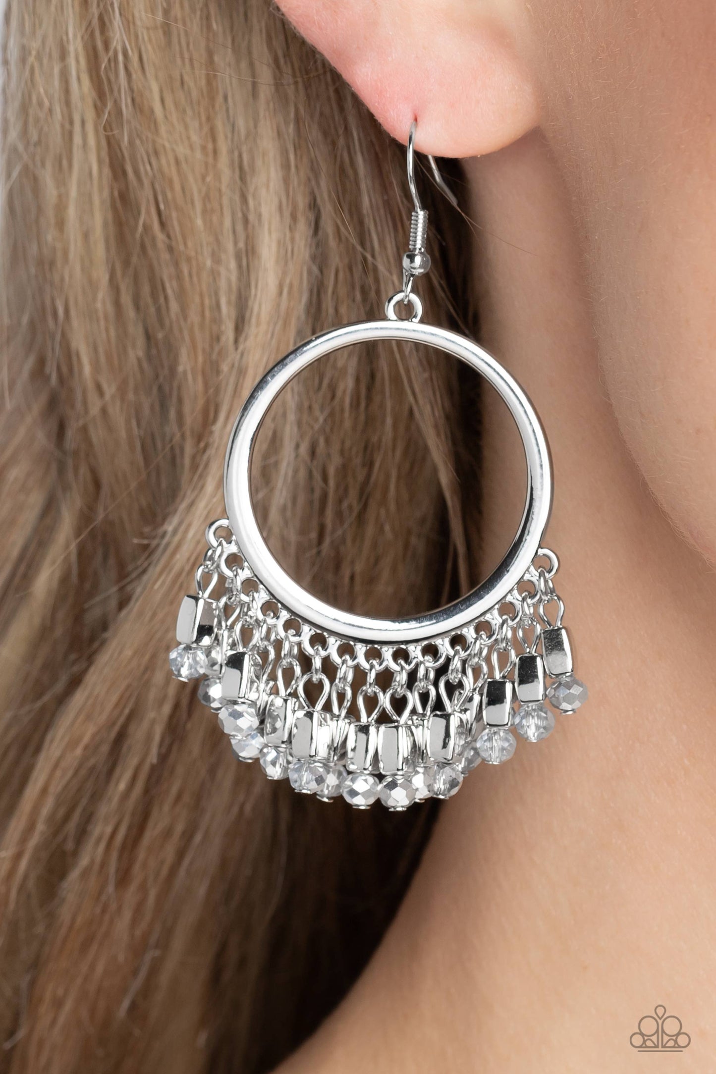 Fringe Fanfare - Silver Rectangular Beaded Fringe Paparazzi Earrings