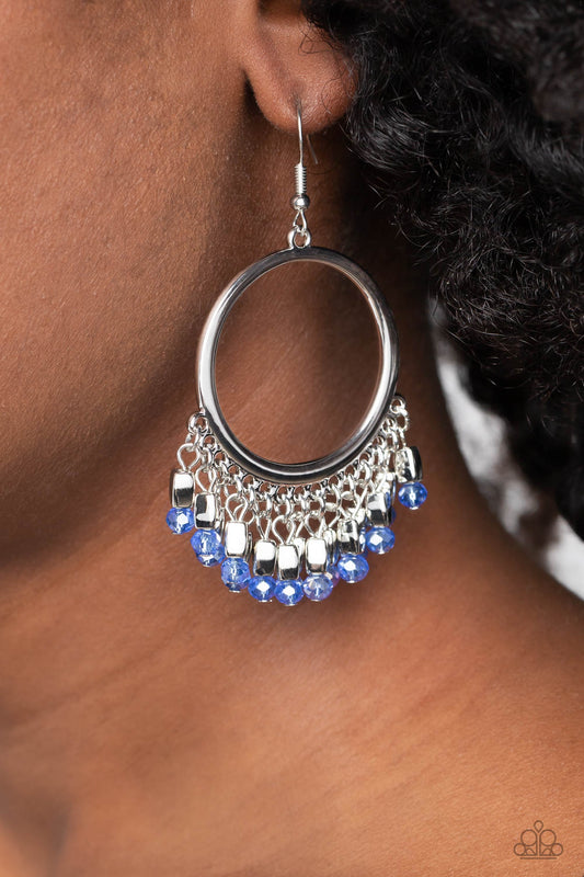 Fringe Fanfare - Blue Faceted Beaded Fringe Paparazzi Earrings
