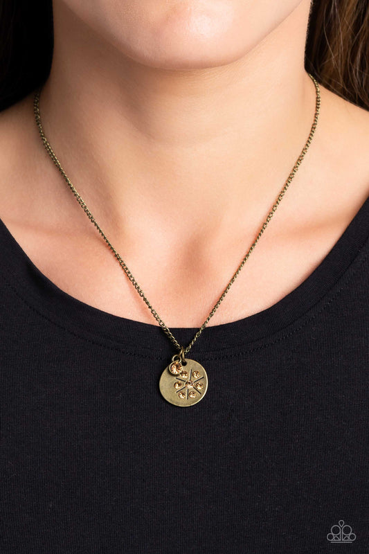Dandelion Delight - Brass Disc/Topaz Rhinestone Flower Pattern Pendant Paparazzi Necklace & matching earrings