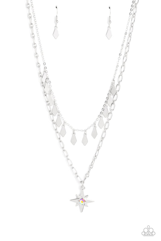 The Second Star To The LIGHT - Orange Iridescent Rhinestone/Silver Star Pendant Paparazzi Necklace & matching earrings
