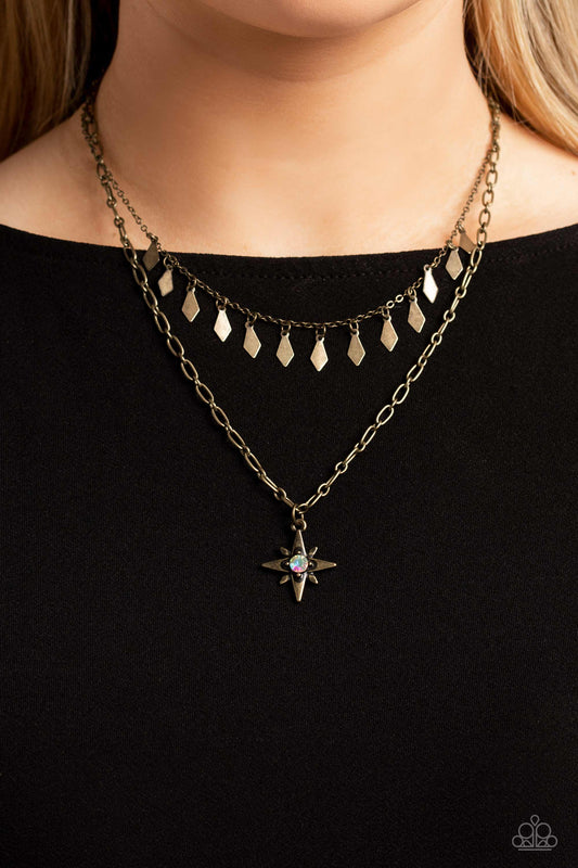 The Second Star To The LIGHT - Brass/Iridescent Rhinestone Star Pendant Paparazzi Necklace & matching earrings