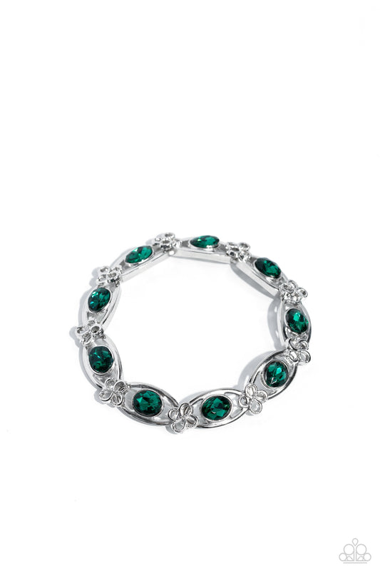 Infinite Impression - Green Oval Gems/Silver Infinity Sign Frame Paparazzi Adjustable Bracelet