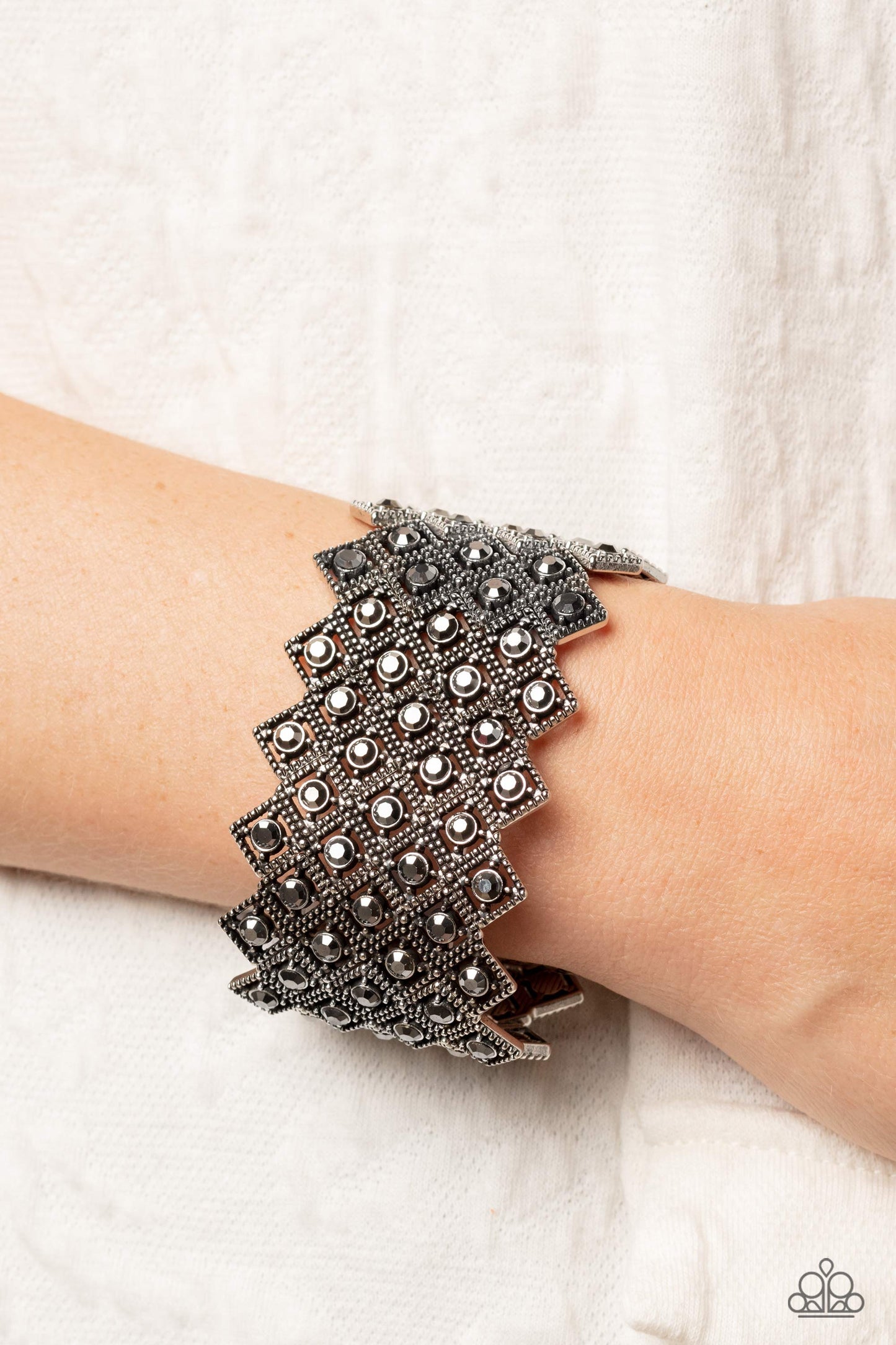 DECO in the Rough - Silver Studded Diamond Frames & Hematite Rhinestone Paparazzi Stretch Bracelet