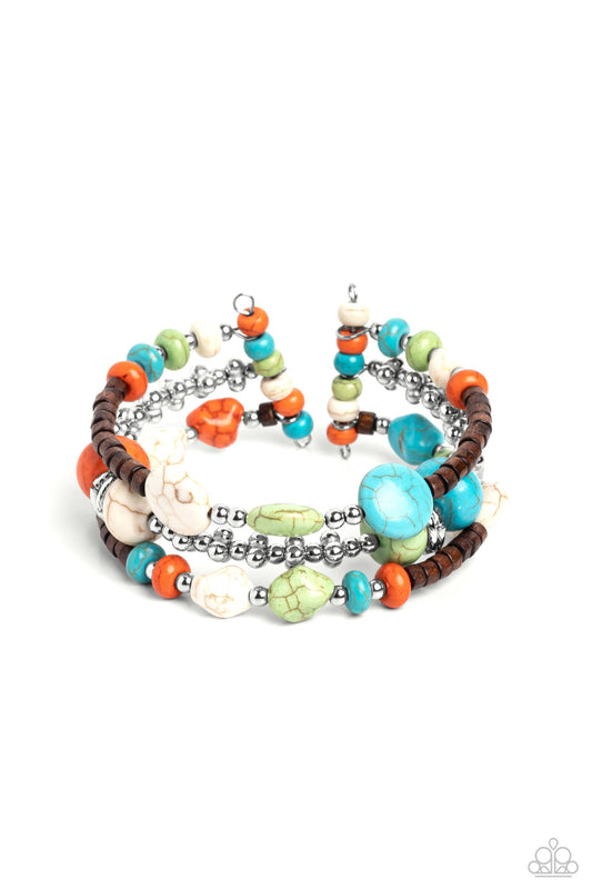 Operation Outdoors - Multi Stones, Brown Wooden Beads, & Silver Accent Paparazzi Cuff Bracelet