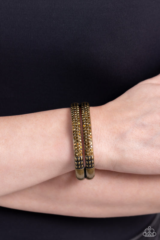 STACKED Up - Brass Thick Bars/Aurum Rhinestones Paparazzi Hinge Bracelet