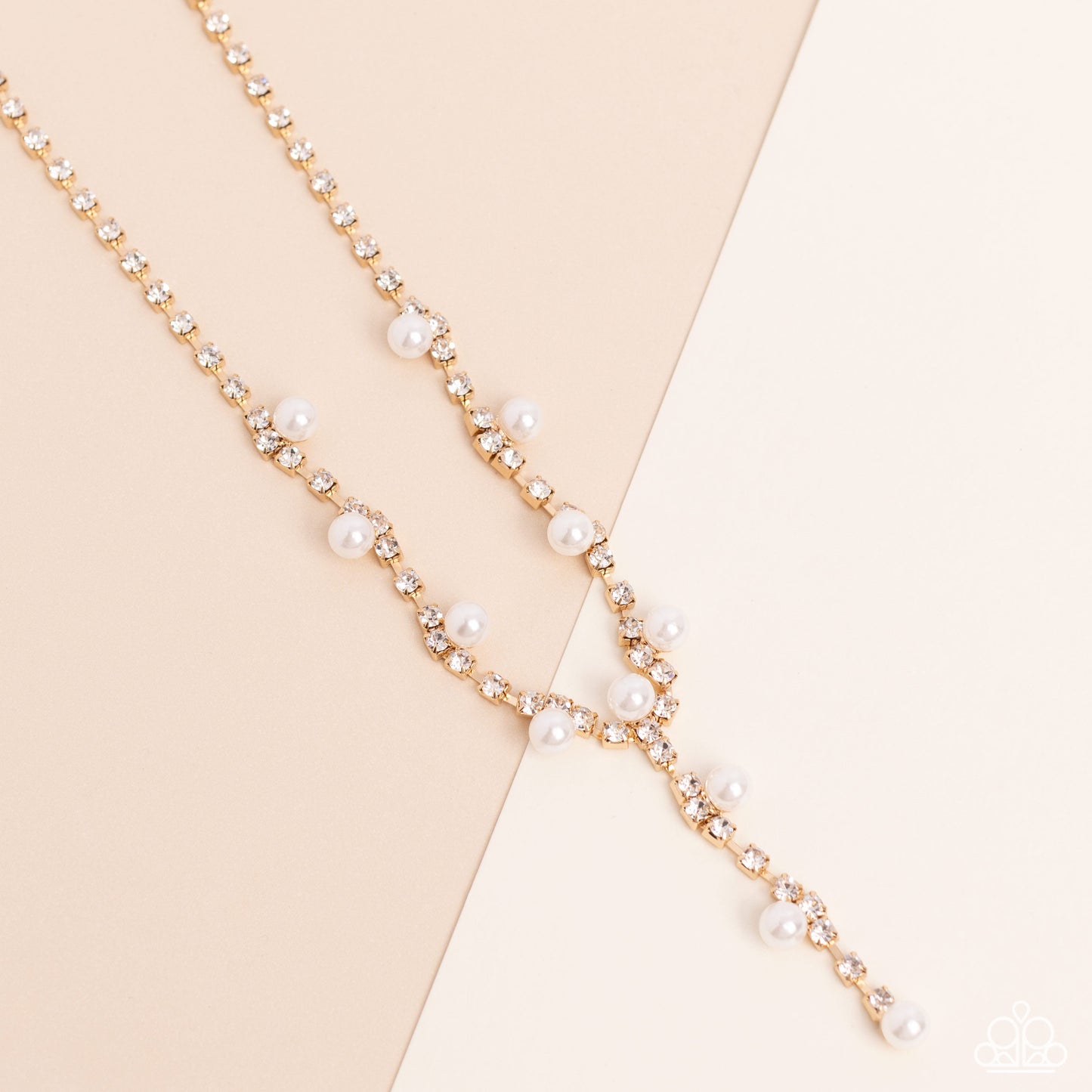 Upper Class - Gold Links, White Rhinestones, Gold Box Chain Paparazzi Necklace & matching earrings