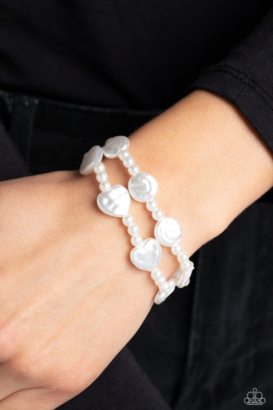 Good Time PEARL - White Dainty Pearls, Pearly Discs, & Pearly Heart Set of 2 Paparazzi Stretch Bracelets