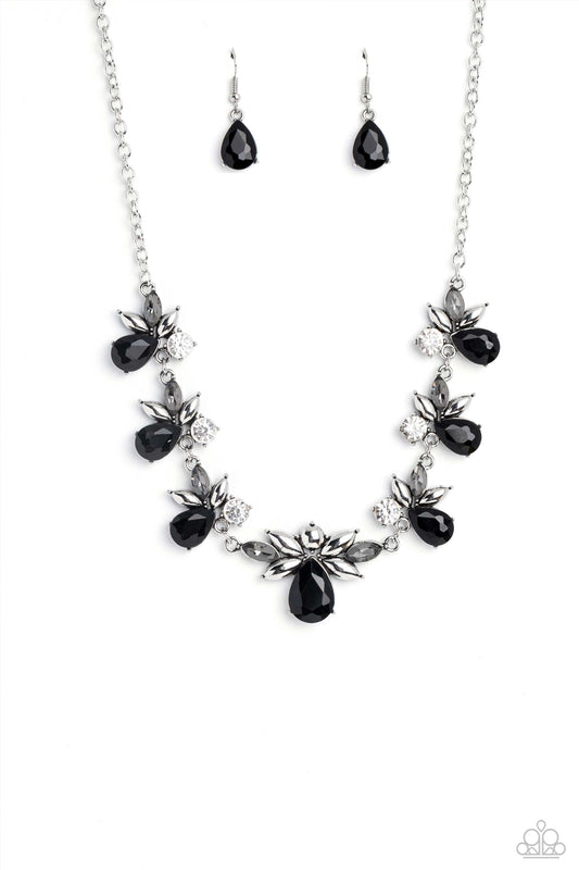 Explosive Effulgence - Black Teardrops/White Gems/Smoky Gem Cluster Paparazzi Necklace & matching earrings