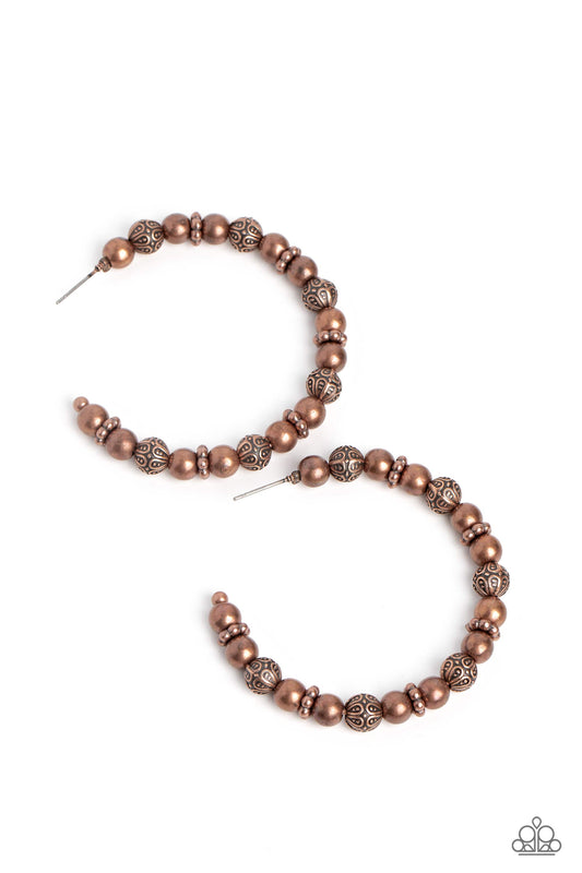 Rebuilt Ruins - Copper Antiqued Decorative, Wheel, & High Sheen Bead Paparazzi Hoop Earrings