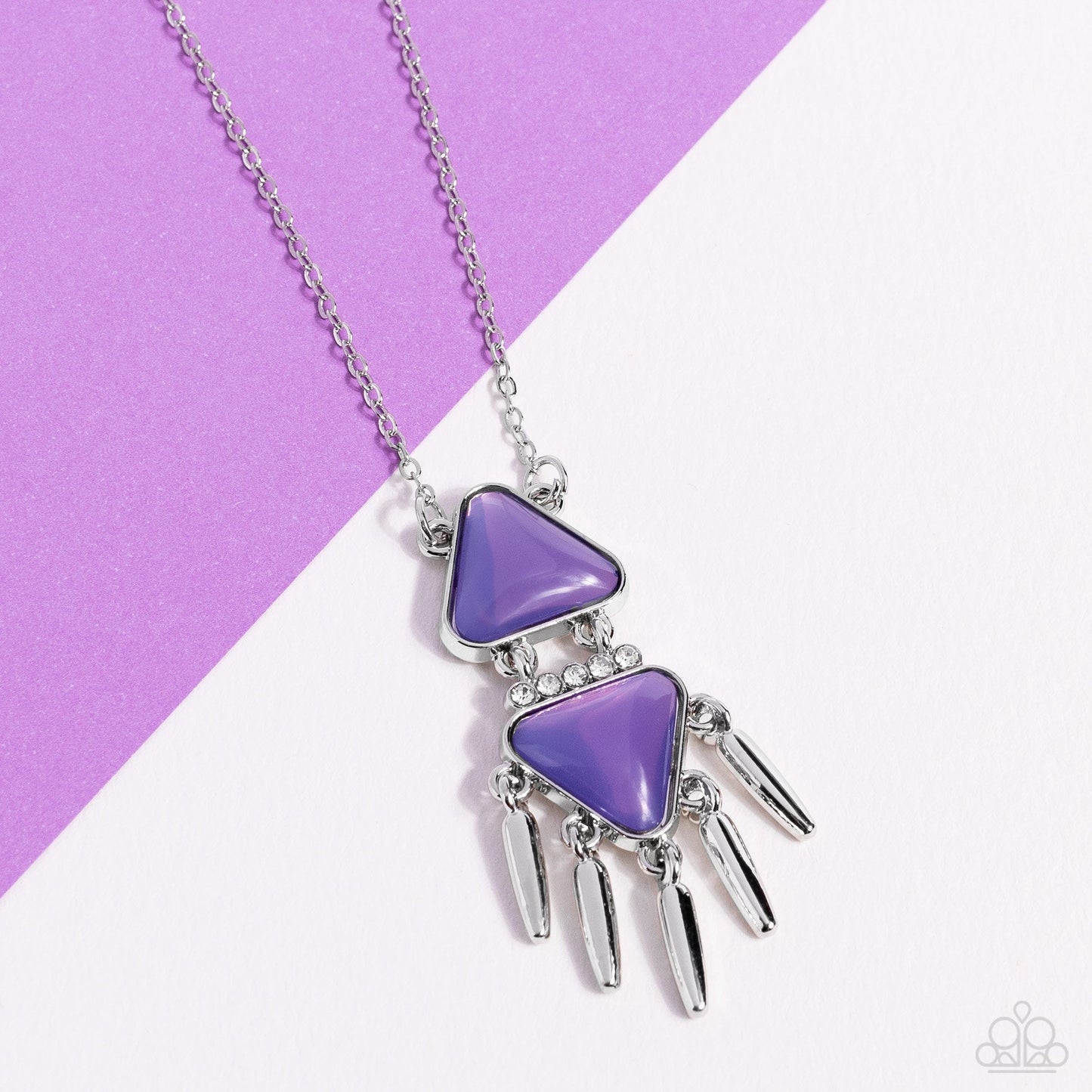 Under the FRINGE - Purple Opalescent Triangle Beads/White Rhinestones/Silver Fringe Pendant Paparazzi Necklace & matching earrings