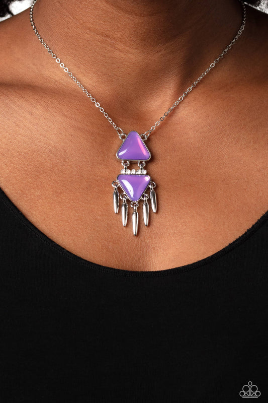 Under the FRINGE - Purple Opalescent Triangle Beads/White Rhinestones/Silver Fringe Pendant Paparazzi Necklace & matching earrings