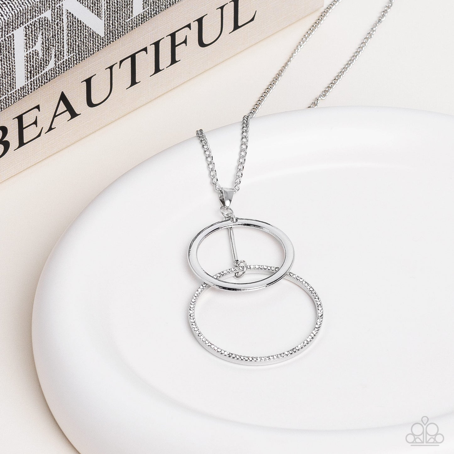 Wishing Well Whimsy - White Dainty Rhinestones/Silver Overlapping Ring Pendant Paparazzi Necklace & matching earrings