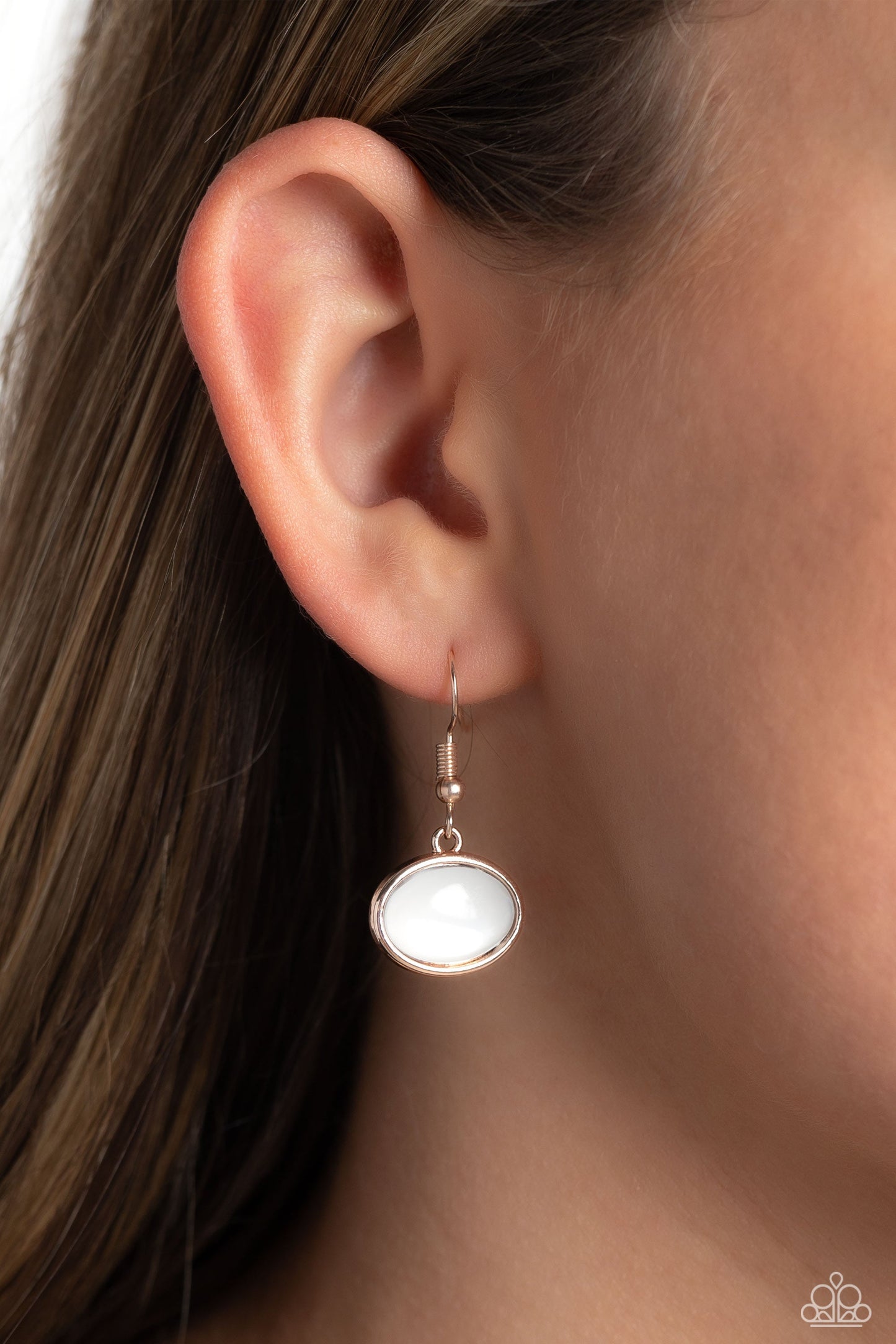 Geometric Glow - Rose Gold Abstract Frame/Oversized White Milky Oval Pendant Paparazzi Necklace & matching earrings