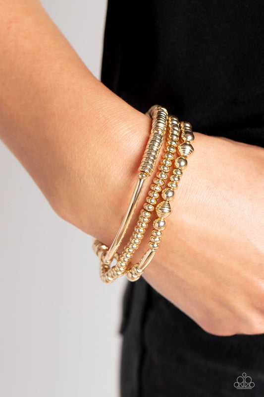 Monochromatic Medley - Gold Textured, Cylindrical, Disc Paparazzi Set of 3 Stretch Bracelets