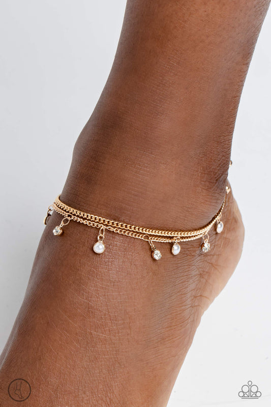 WATER You Waiting For? - Gold Dainty Chain/Dainty Pearls/White Gem Paparazzi Anklet