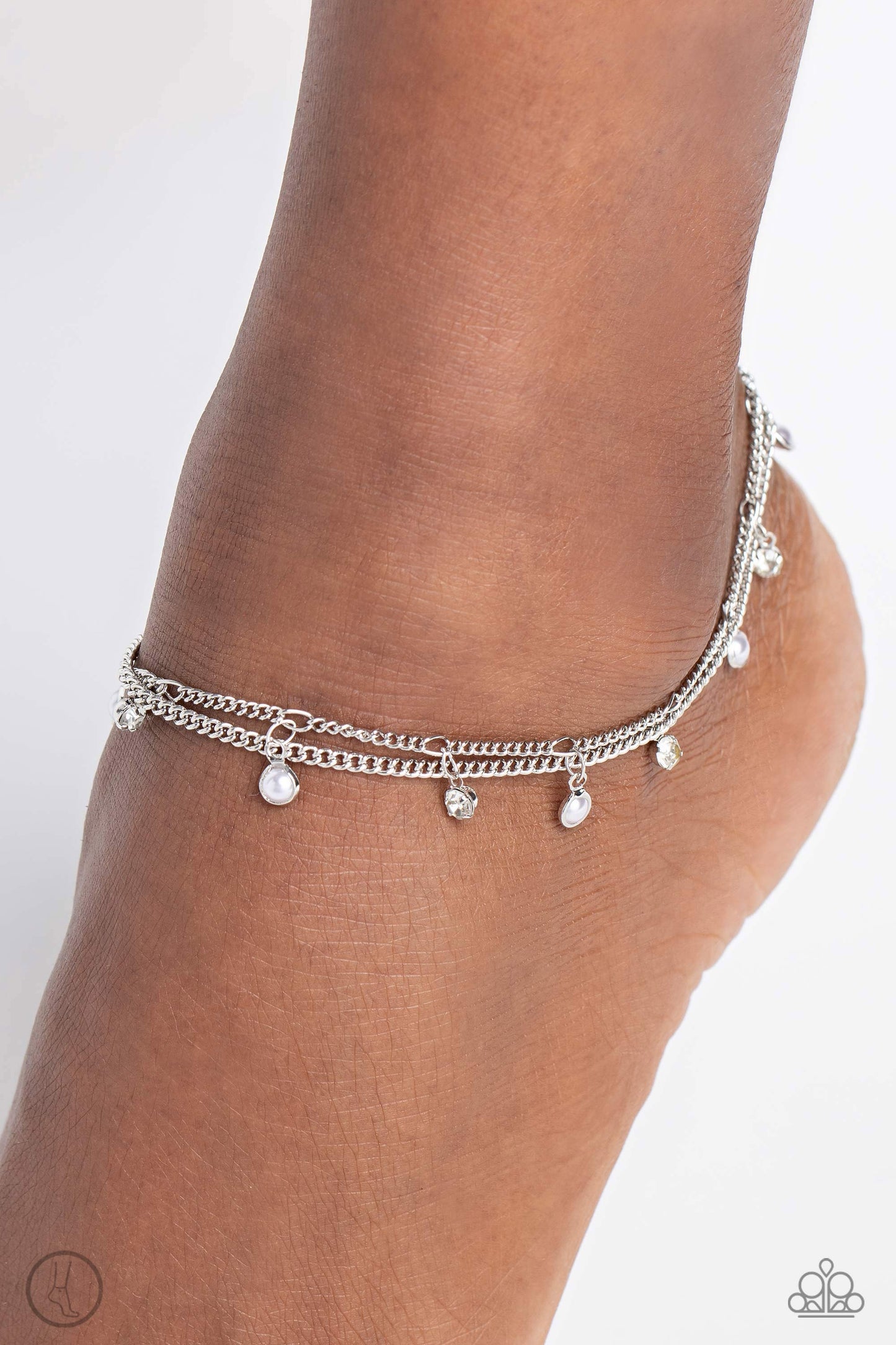 WATER You Waiting For? - White Pearls/White Gems/Dainty Silver Chain Paparazzi Anklet