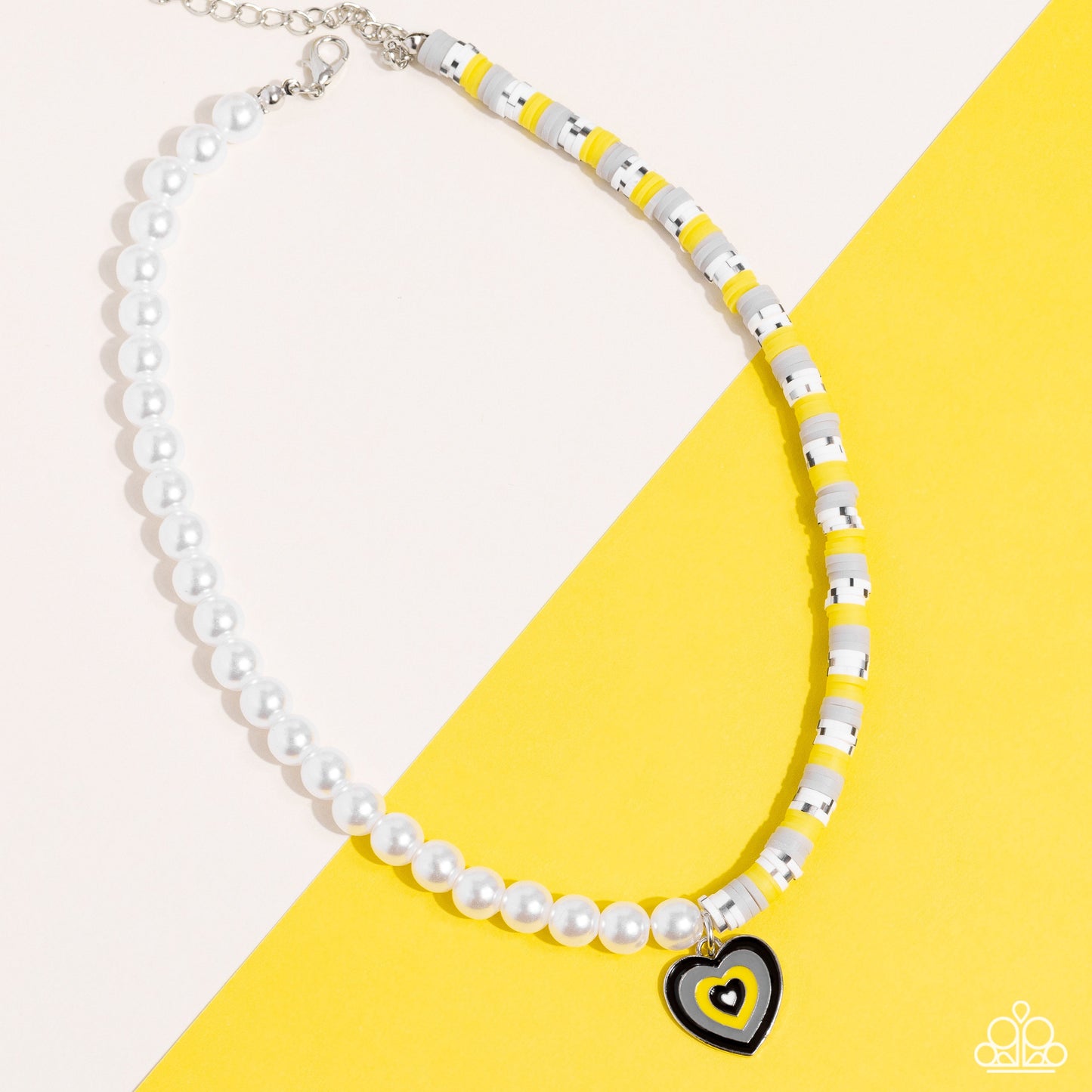 Precise Psychedelic - Black, Yellow, & Gray Clay Discs/White Pearls/Heart Pendant Paparazzi Necklace & matching earrings