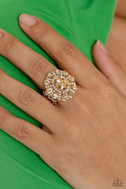 GLIMMER and Spice - Gold Champagne Gems & White Rhinestone Paparazzi Ring