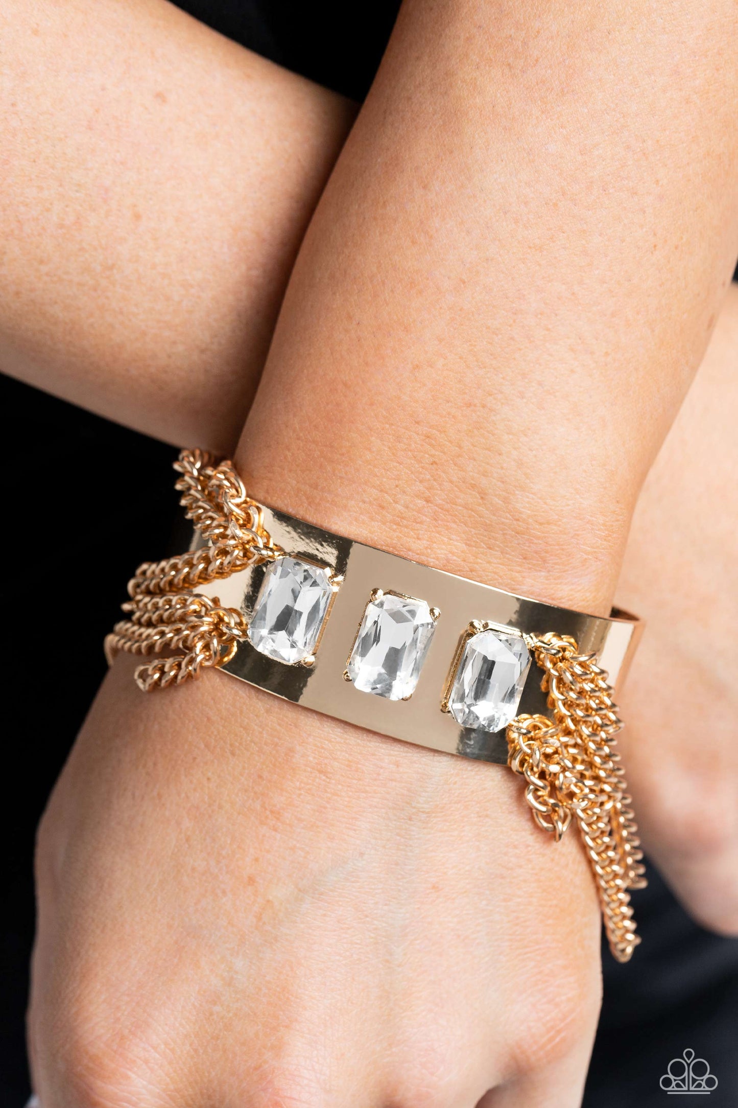 CHAIN Showers - Gold Chain Fringe & White Emerald-Cut Gems Paparazzi Cuff Bracelet