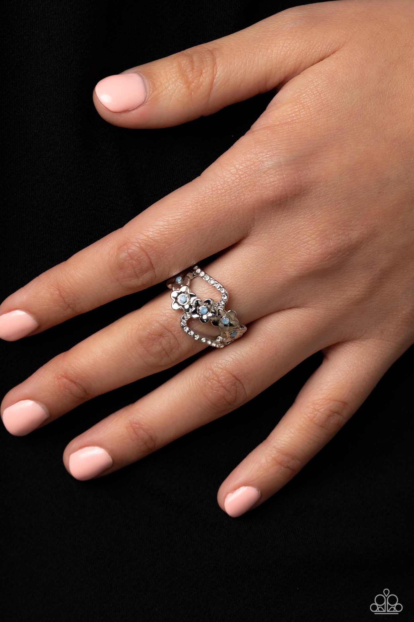 Captivating Corsage - Blue Opalescent/White Rhinestones/Silver Flowers Paparazzi Ring