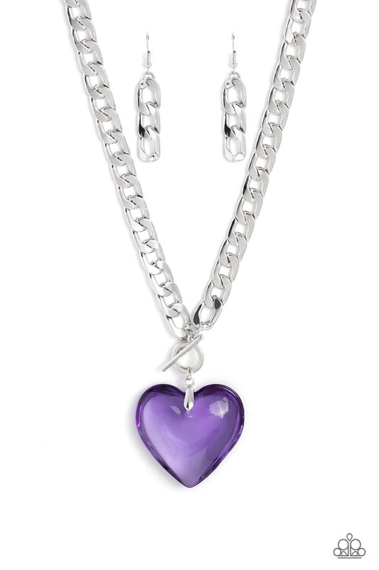 GLASSY-Hero - Purple Oversized Heart Pendant/Thick Silver Chain Paparazzi Necklace & matching earrings