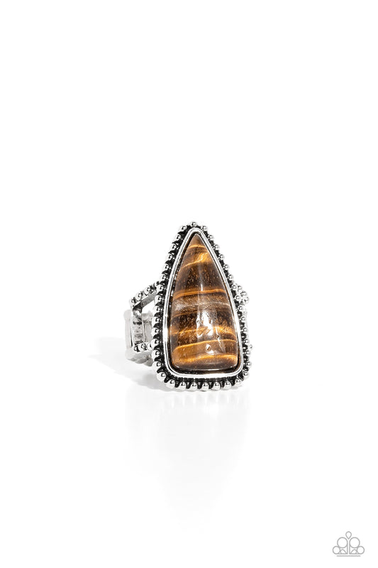 Earthy Engagement - Brown Oversized Tiger's Eye Triangle Stone Paparazzi Ring