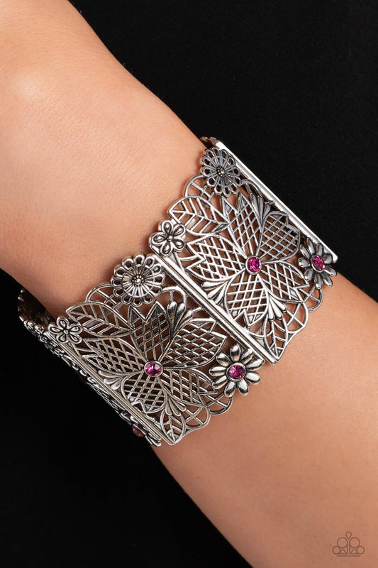 Garden City - Pink Rhinestones/Floral Filigree Silver Rectangular Frame Paparazzi Stretch Bracelet