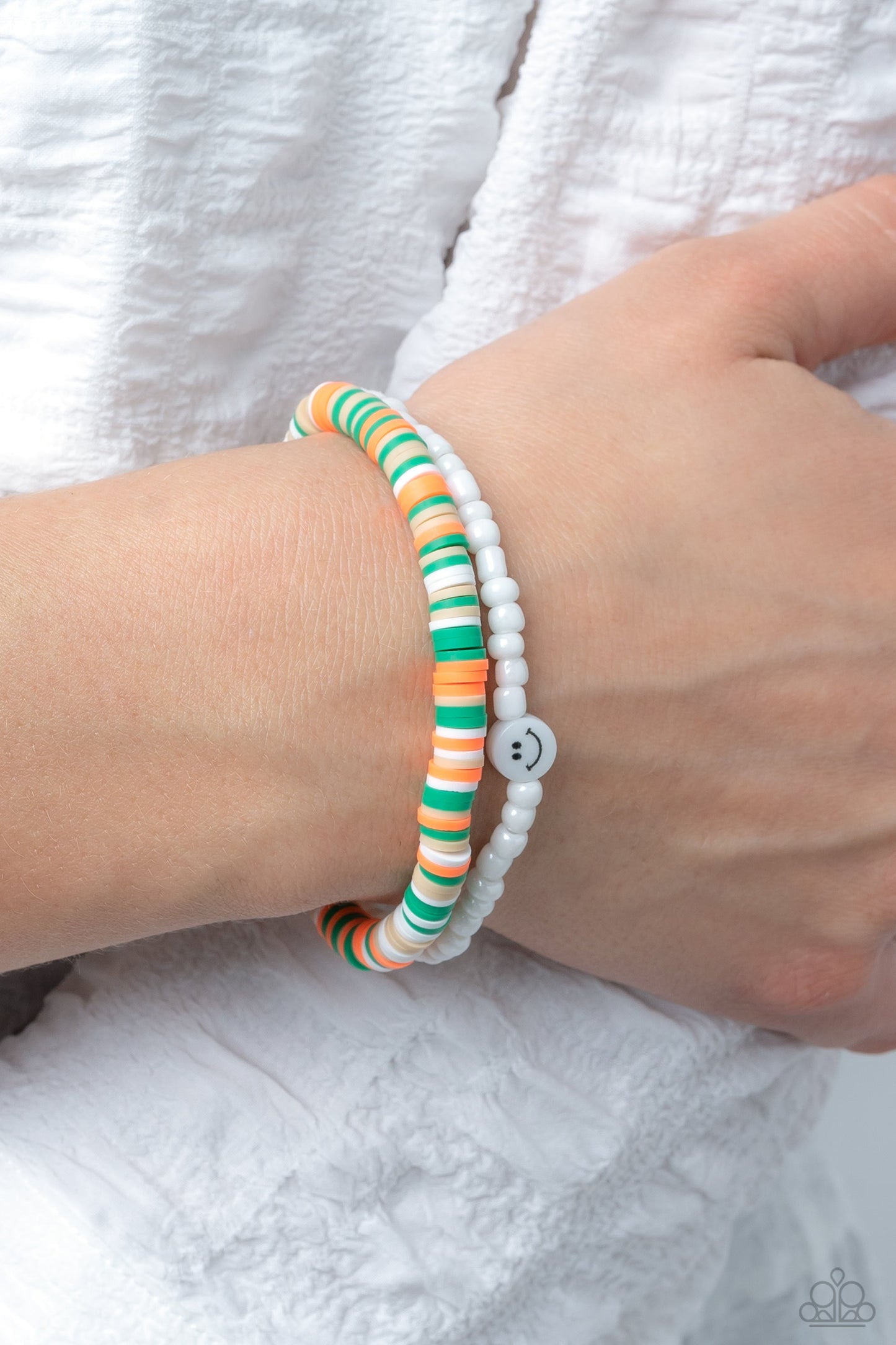 Tabloid Talent - Green, Tan, White, Orange Discs/White Seed Beads/Smily Face Beaded Paparazzi Set of 2 Stretch Bracelets