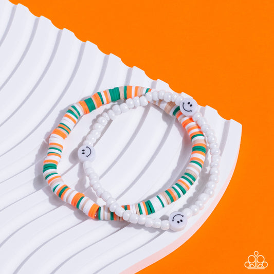 Tabloid Talent - Green, Tan, White, Orange Discs/White Seed Beads/Smily Face Beaded Paparazzi Set of 2 Stretch Bracelets