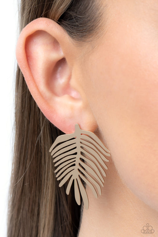 The FROND Row - Gold Palm Leaf Paparazzi Post Earrings
