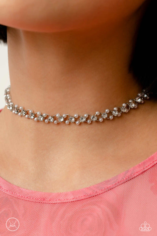 Classy Couture - White Dainty Pearls/Silver Chain Paparazzi Choker Necklace & matching earrings