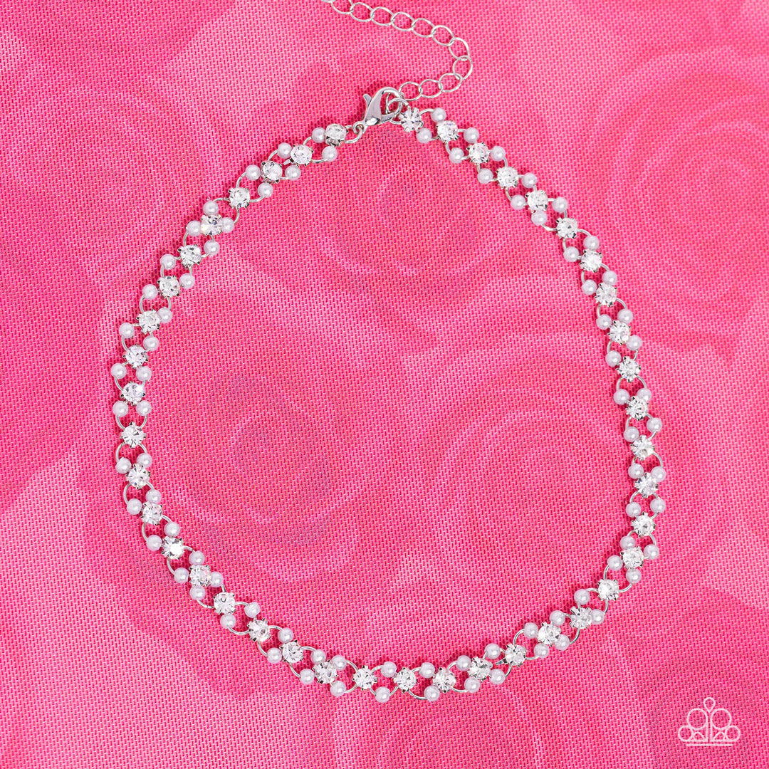 Classy Couture - White Dainty Pearls/Silver Chain Paparazzi Choker Necklace & matching earrings