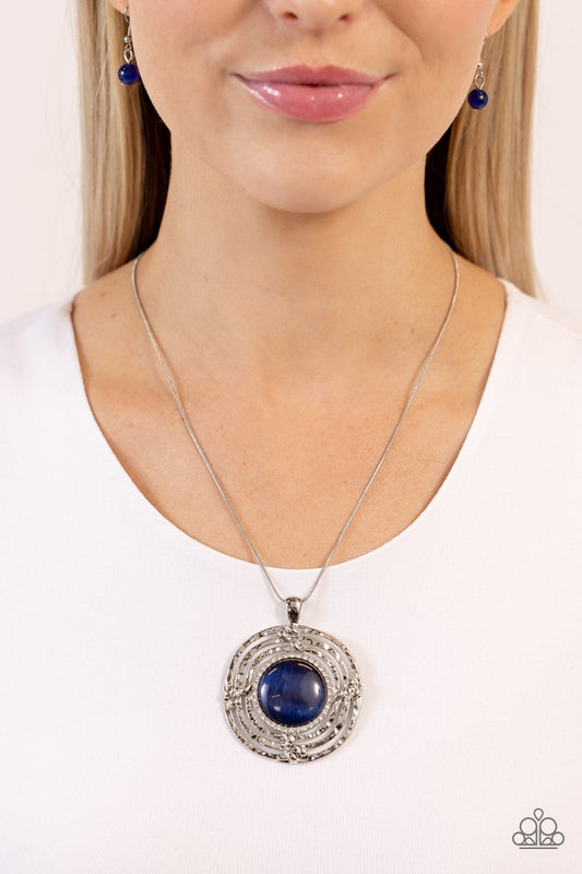 Maze STUNNER - Blue Cat's Eye Stone/Hammered Silver Frame Pendant Paparazzi Necklace & matching earrings