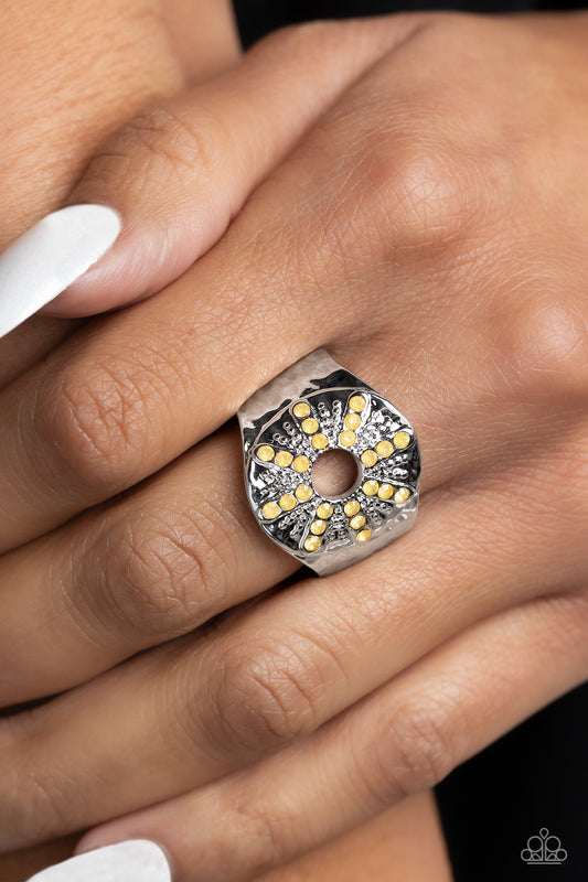 Stylish Sunbeams - Yellow Dainty Rhinestones & Textured Silver Studs Paparazzi Ring