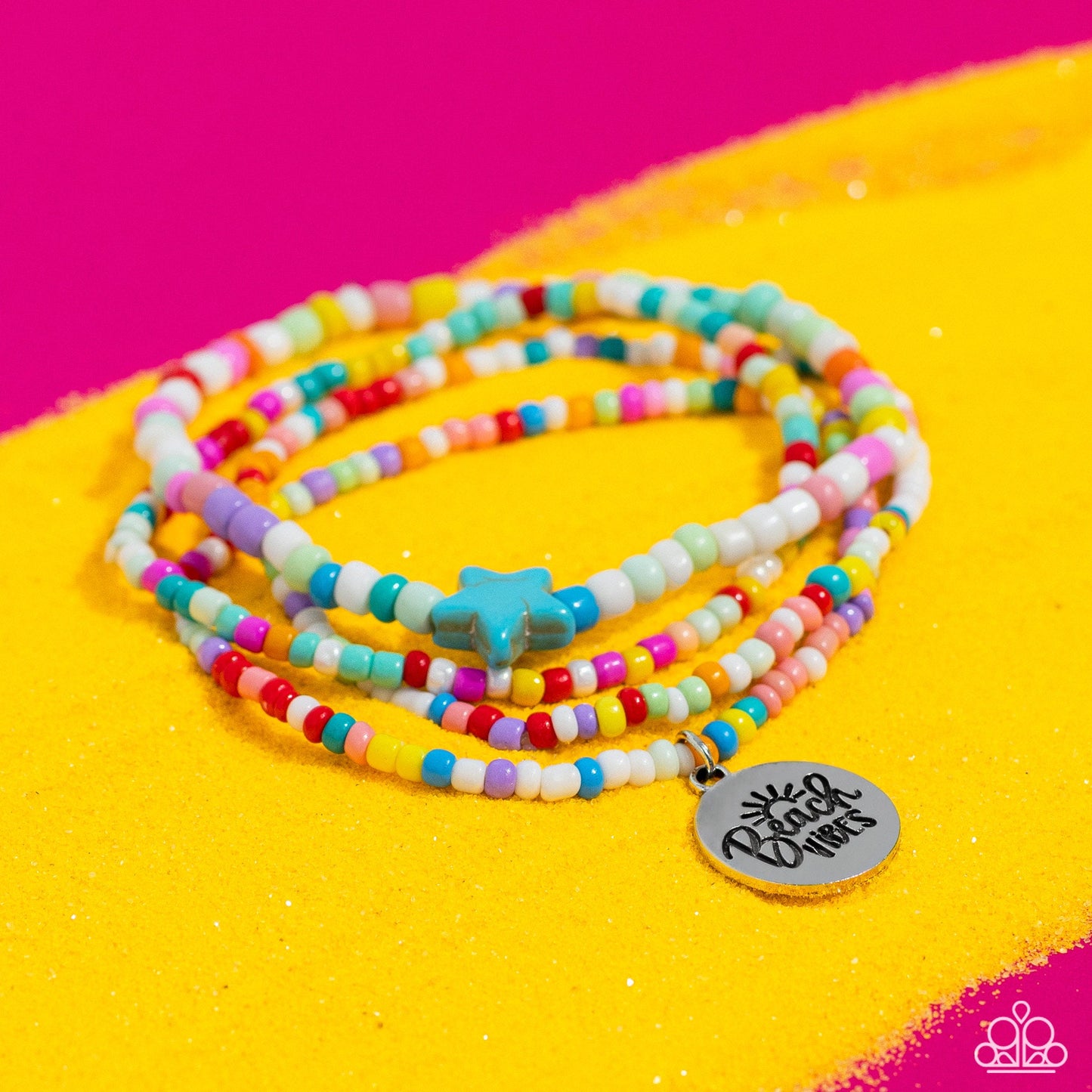Wave Riding - Multi Colored Seed Beads, Turquoise Star, & Beach Vibes Stamped Disc Paparazzi Stretch Bracelet