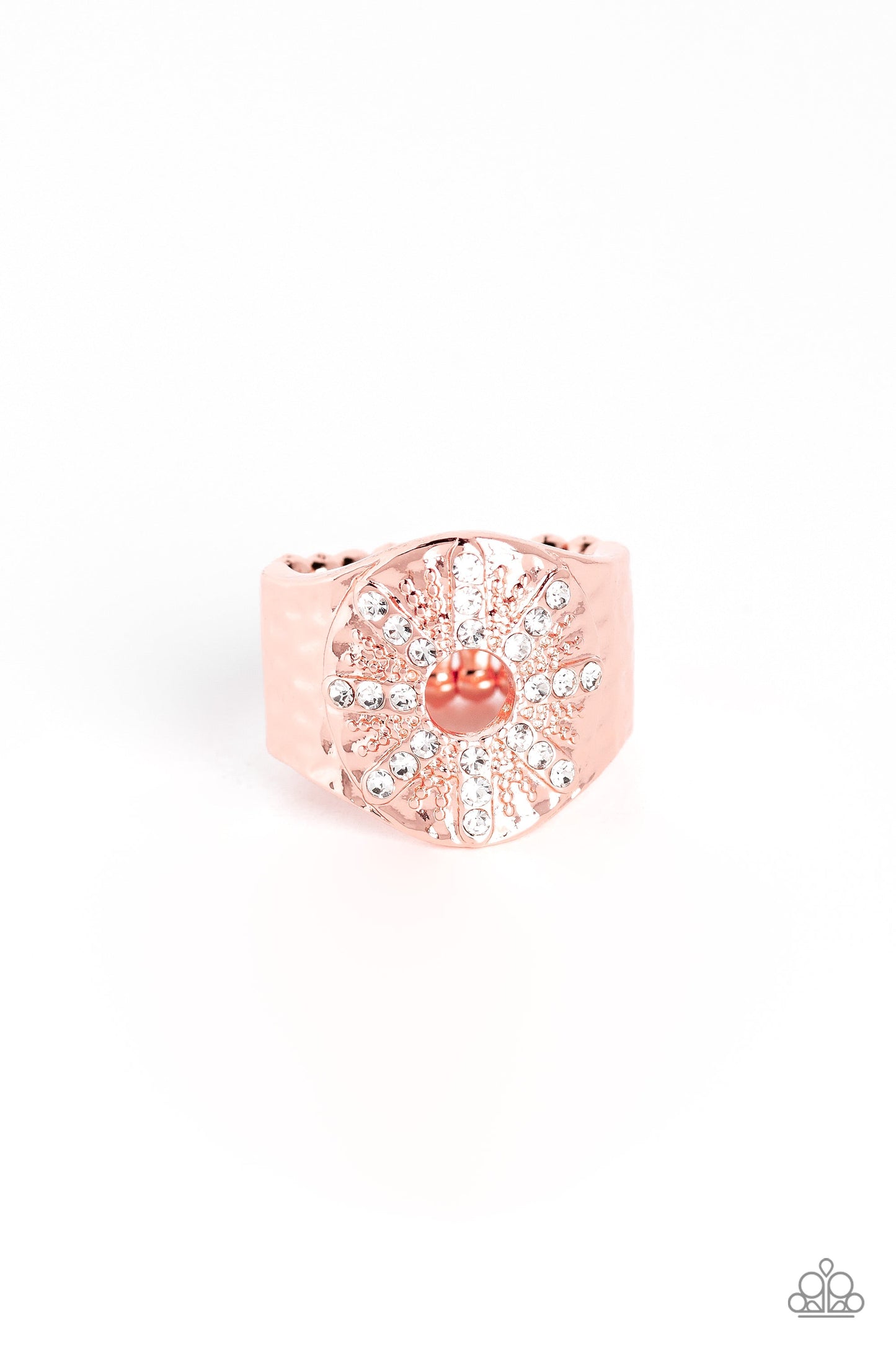 Stylish Sunbeams - Copper & White Rhinestone Sunburst Pattern Paparazzi Ring