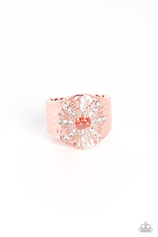 Stylish Sunbeams - Copper & White Rhinestone Sunburst Pattern Paparazzi Ring
