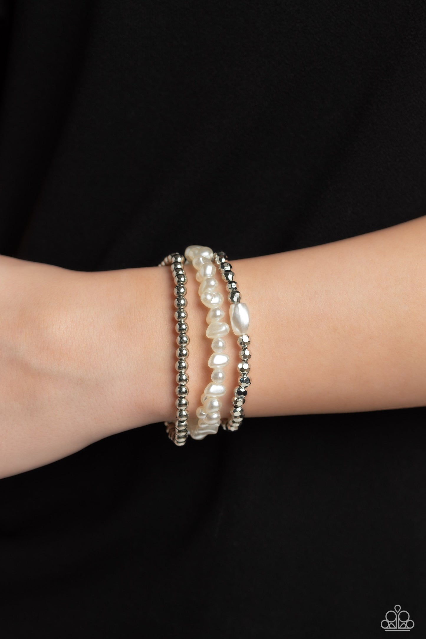 Effulgent Exchange - White Pearls & Silver Bead Set of 3 Paparazzi Stretch Bracelets