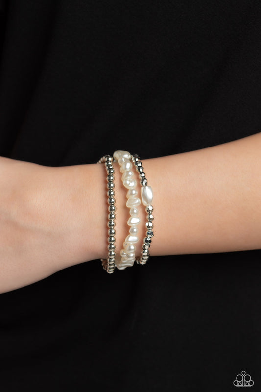 Effulgent Exchange - White Pearls & Silver Bead Set of 3 Paparazzi Stretch Bracelets