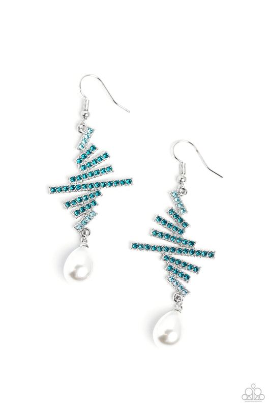 Timeless Tapestry - Blue Rhinestone Encrusted Silver Bars/White Pearl Paparazzi Earrings