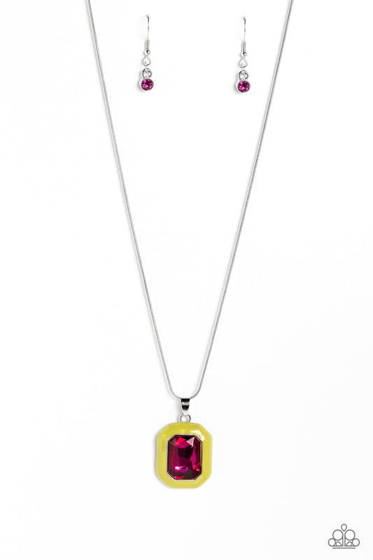 Emerald Energy - Multi Oversized Fuchsia Gem/Neon Green Pendant Paparazzi Necklace & matching earrings