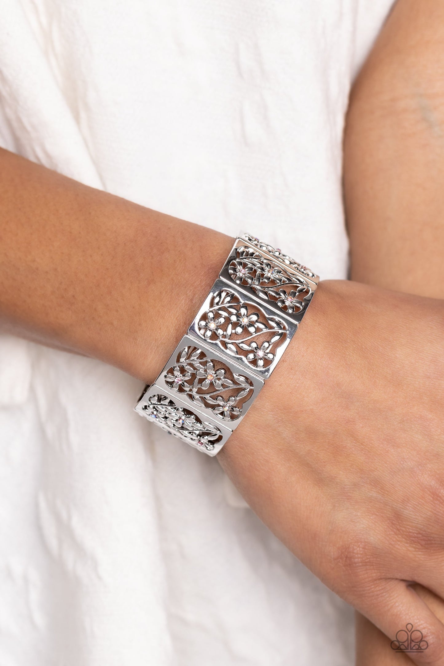 Garden Walls - Pink & Iridescent Rhinestones/Leafy Floral Filigree Paparazzi Stretch Bracelet