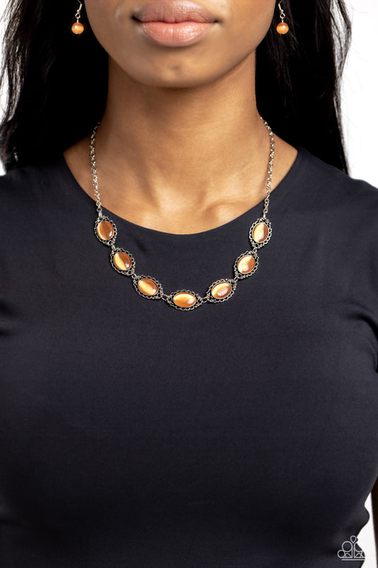 Framed in France - Orange Cat's Eye Stones/Ornate Silver Frames Paparazzi Necklace & matching earrings
