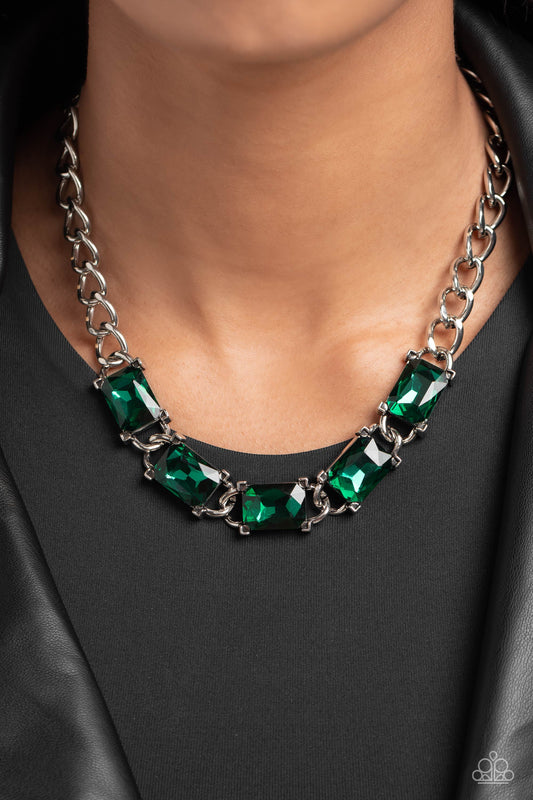 Radiating Review - Green Radiant-Cut Gems/Thick Silver Chain Paparazzi Necklace & matching earrings