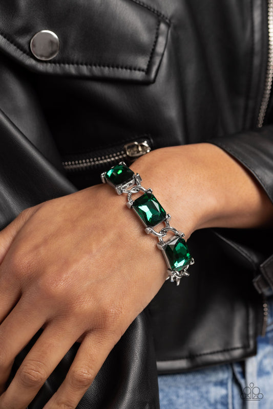 Dazzling Debut - Green Radiant-Cut Gems/Thick Silver Chain Paparazzi Adjustable Bracelet