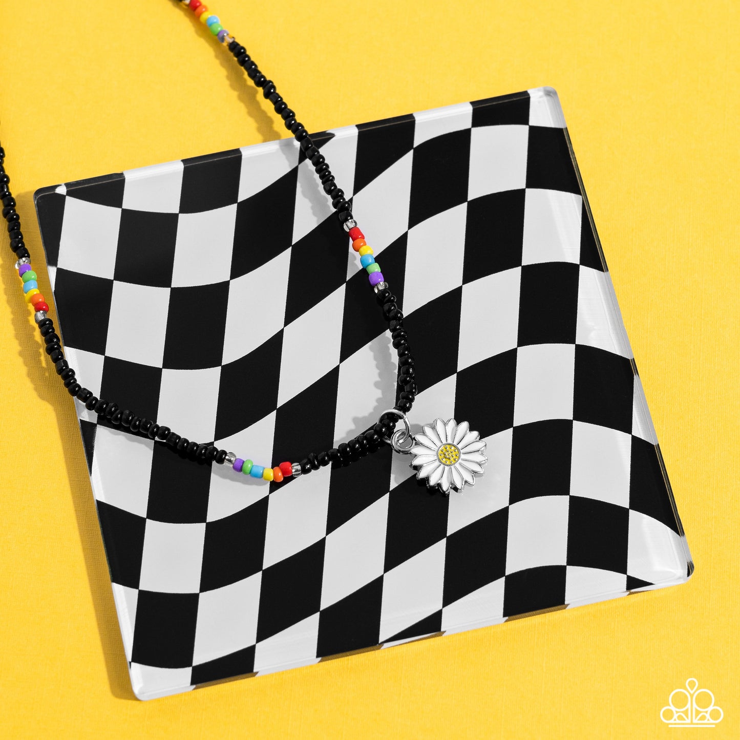 Charming Chance - Black/Multicolored Seed Beads/White Daisy Charm Necklace & matching earrings