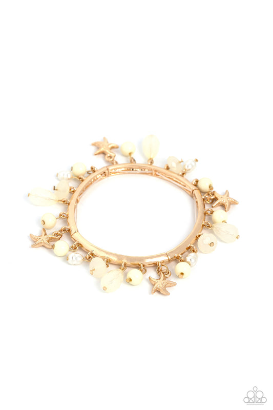 Surfer Shanty - Gold Starfish Charms/Ivory Beads/White Pearl Paparazzi Stretch Bracelet