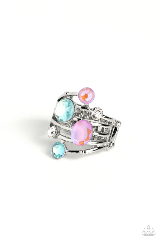 Timeless Trickle - Blue, White, & Peach Rhinestone Paparazzi Ring