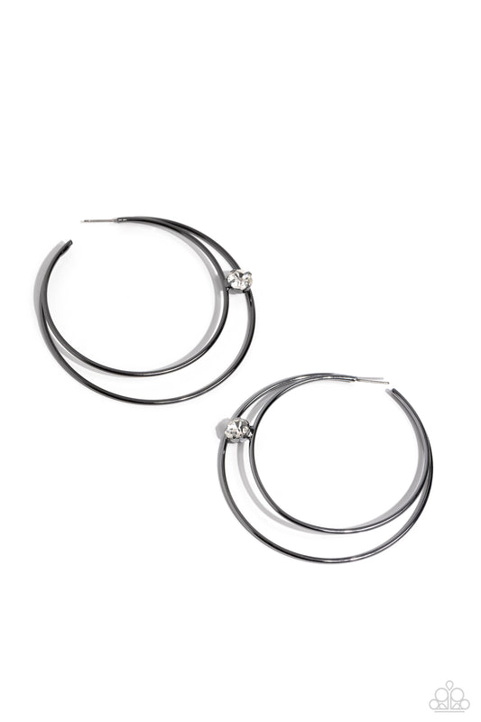Theater HOOP - Gunmetal Crescent Frames/White Rhinestone Paparazzi Hoop Earrings
