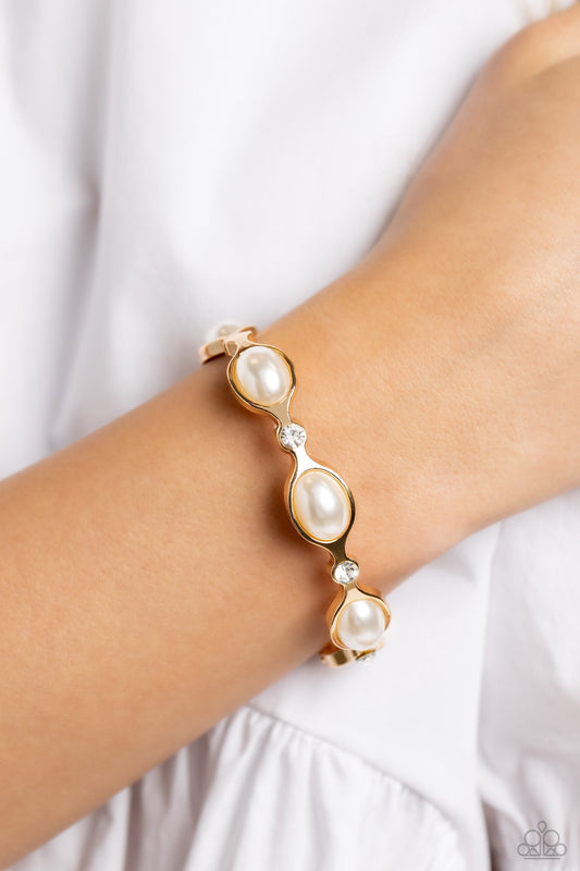 Are You Gonna Be My PEARL? - Gold Scalloped Frame/Oval-Cut Pearls Paparazzi Hinge Bracelet